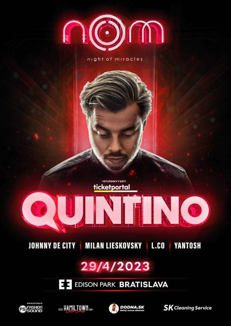 Night of Mysteries event poster with Quintino, April 2023 at Edison Park Bratislava