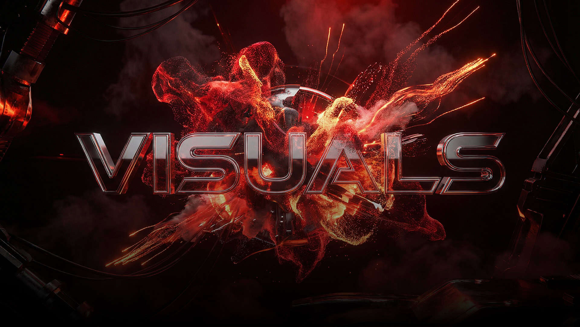 VISUALS chrome 3D lettering with fiery particles on a dark background