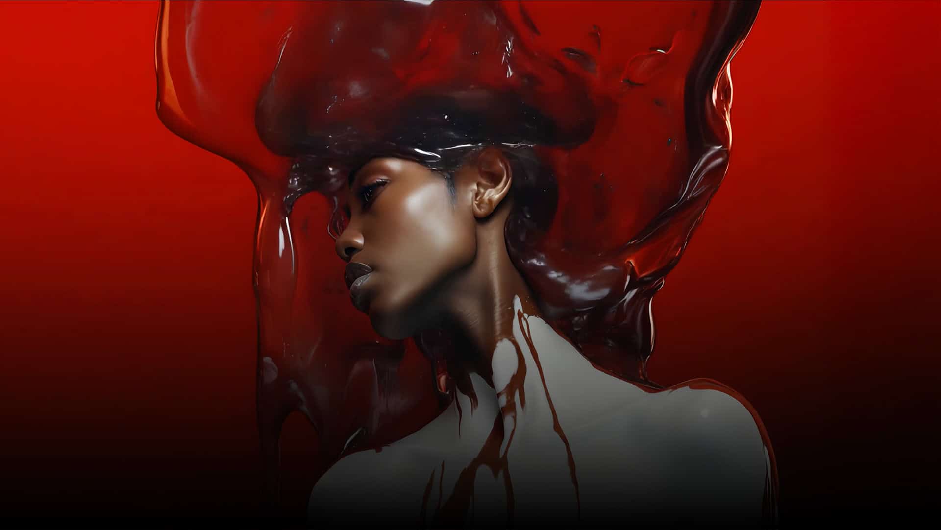 AI generated VFX portrait with liquid chrome flowing over the head on red