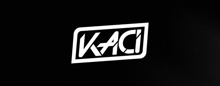 Kaci artist logo, white outlined wordmark on black