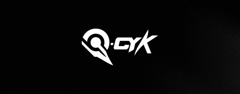 Qcyk artist logo, white wordmark with circular mark on black