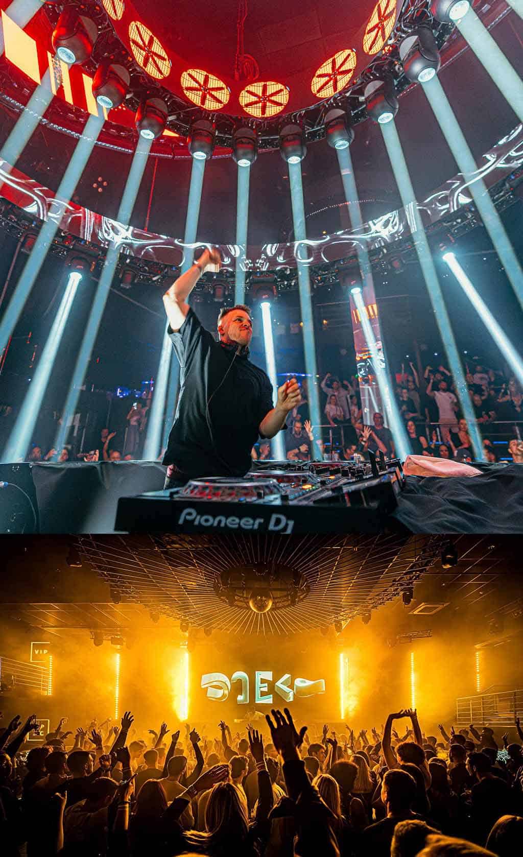 DJ EKG performing on a 360 degree stage with blue lighting and crowd